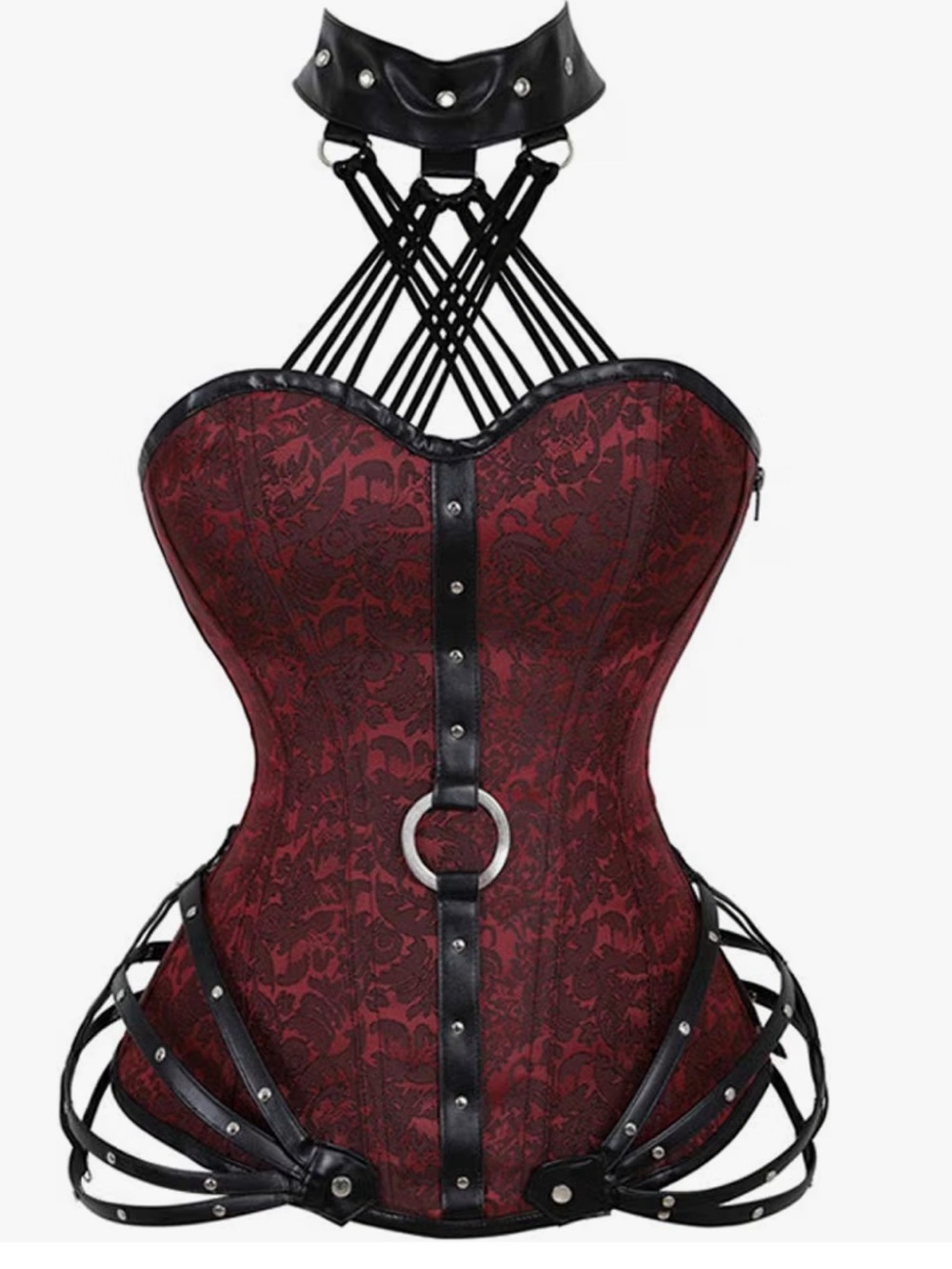 Steampunk Gothic Red Brocade Waist Corset with Removable Strap Accents XXL